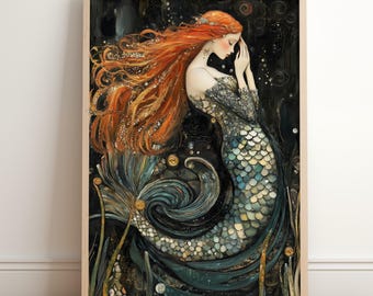Mermaid Print | Art Nouveau Inspired Mermaid | Ocean Fantasy Decor | Boho Vintage Aesthetic Print | Elegant Mermaid Poster for Coastal Home