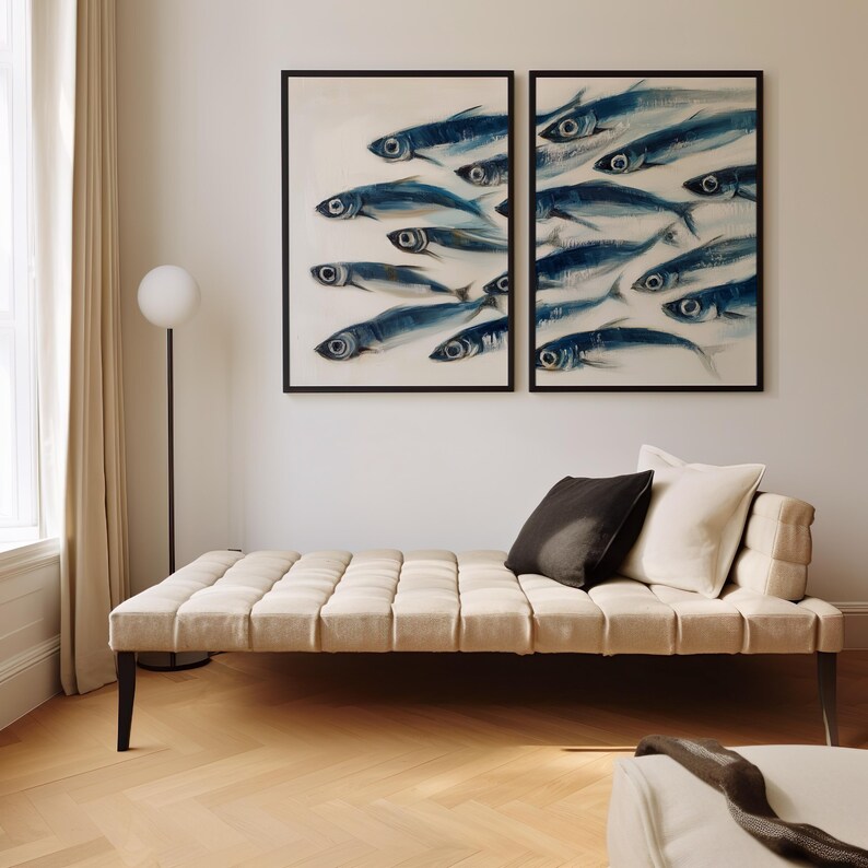 Sardines Print Set - Blue Fish Painting Duo - Sardine Poster - Beach House Nautical Decor - Coastal Wall Art - Retro Mediterranean Poster coastal wall art
nautical decor
beach house art
watercolor fish
ocean wall art
beach decor
coastal decor
fish illustration
sardines print
sardines set of 2
retro fish poster
mid century modern
fisherman aesthetic