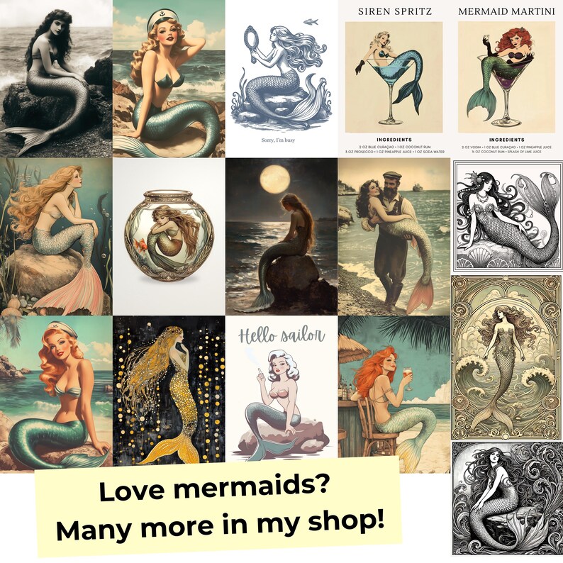 Pu&ograve; includere: Un collage di 12 illustrazioni vintage con sirene in varie pose e ambientazioni. Le illustrazioni sono in stile retr&ograve; con colori vivaci e dettagli fantasiosi. Il testo "Hello Sailor" e "Love mermaids? Many more in my shop!" &egrave; incluso anche nel collage.
