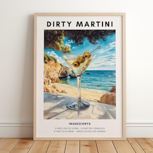 Wydruk artystyczny Dirty Martini | Dekoracja wózka barowego | Plakat z przepisem na Dirty Martini | Plakat z drinkiem plażowym | Wydruk koktajlowy w stylu retro | Wydrukowana sztuka ścienna