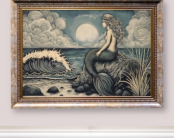 Meerjungfrau Druck, Vintage Stil Meerjungfrau Malerei, Ocean Dekor, Mermaidcore Kunst, Sirene Malerei, Retro Ozean Malerei