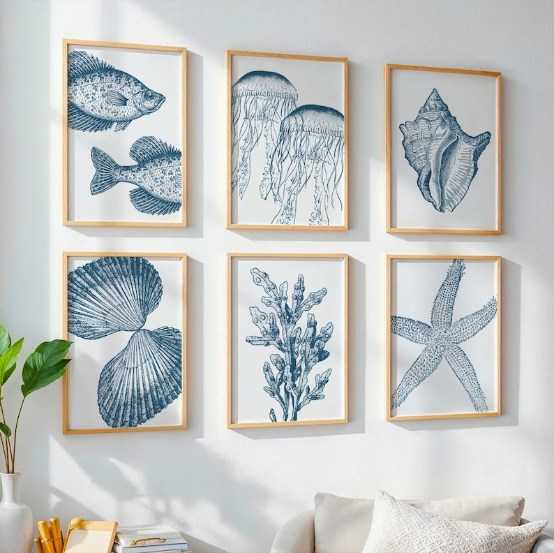 Coastal Wall Art Set - Blue Sea Shell Prints - Boho Beach House Decor ...