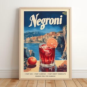 Negroni Art Print | Retro Cocktail Print | Dekoracja wózka barowego | Plakat z przepisem na Negroni | Plakat z plażowym koktajlem | Modna sztuka ścienna do wydrukowania