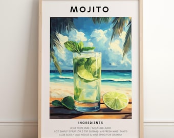 Poster Mojito / Poster Cocktail / Decorazione Carrello Bar / Stampa Cocktail Retrò / Poster Ricetta Mojito / Poster Bevande Alcoliche / Arte Stampabile alla Moda