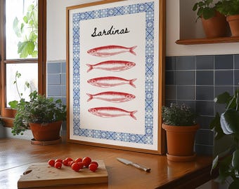 Poster Sardinen | Retro Fisch Print | Vintage italienische Küstenküche | Maritime Wandkunst | Fischer Ästhetik | Mediterranes Dekor