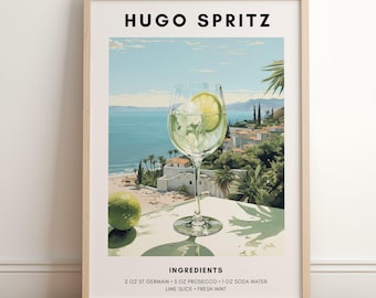 Hugo Spritz-poster | Cocktailposter | Decoratie barwagen | Hugo Spritz-receptposter | Stranddrankje | Retro cocktailprint | Trendy muurkunst