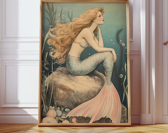Vintage Mermaid Wall Art Print: Whimsical Ocean Decor (Digital Download) - Underwater Siren Painting
