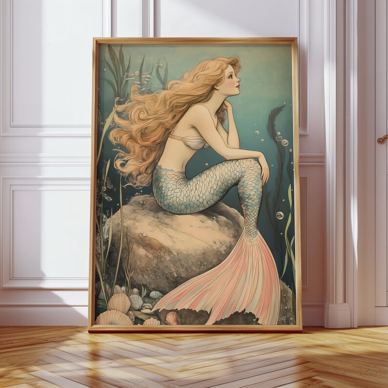 Mermaid Wall Art Print - Vintage-Inspired Ocean Decor - Whimsical Coastal Poster - Mystical Sea Goddess Digital Download - Boho Chic Gift, mermaid wall art, vintage ocean art, coastal wall print, beach decor art, mystical mermaid, underwater print, ocean wall decor, digital art print, sea goddess art, boho wall print, mermaid download, whimsical decor, mermaid poster, mermaidcore