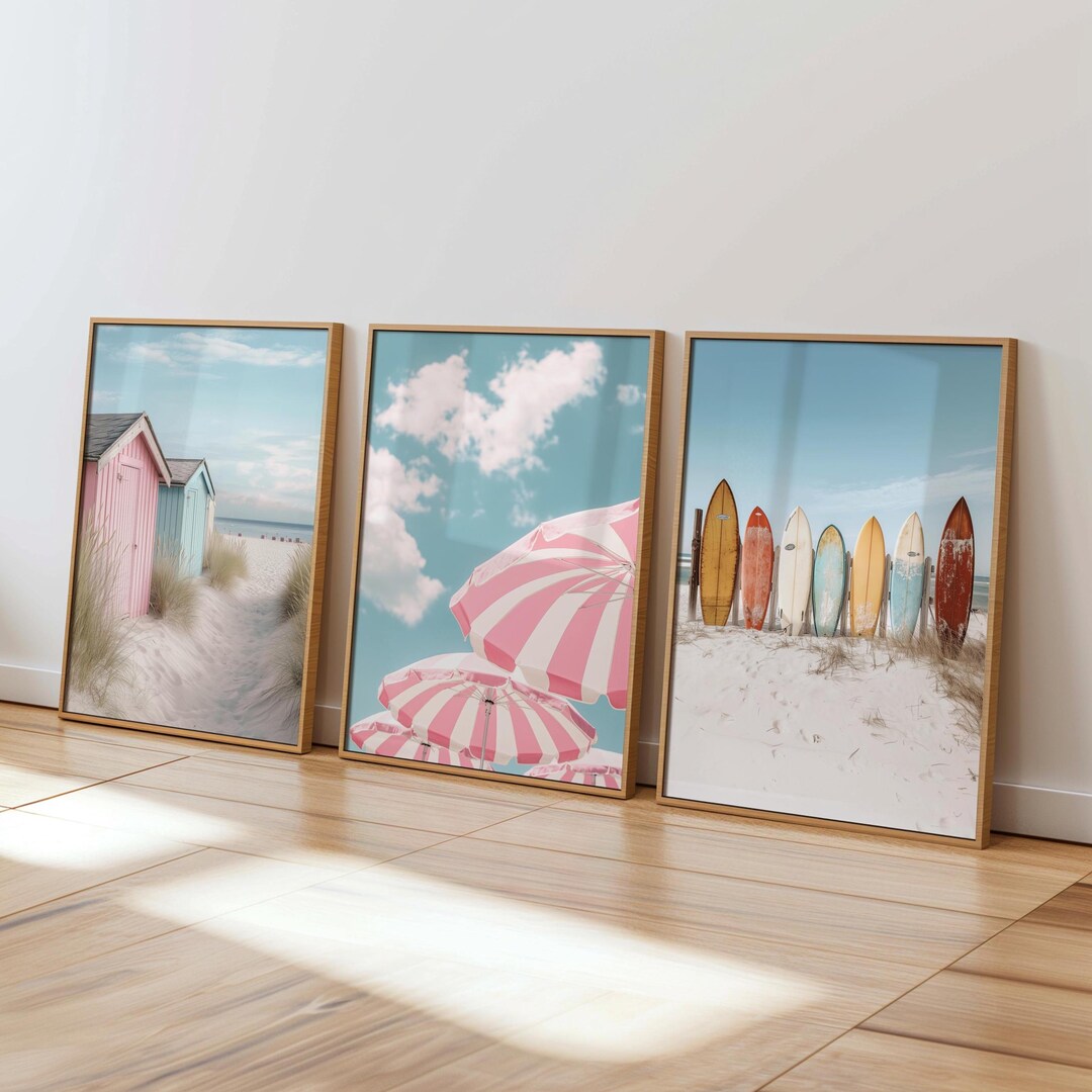Coastal Beach Wall Art Set of 3 | Boho Surfboard Prints | Pastel Beach ...