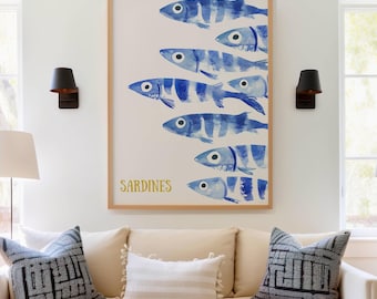 Sardine Poster, Blauer Aquarell Fisch Druck für Küstendekor - Küsten Dekor - Nautisches Strandhaus Kunstwerk - Mediterranes Essen Druck, Last Minute Geschenk