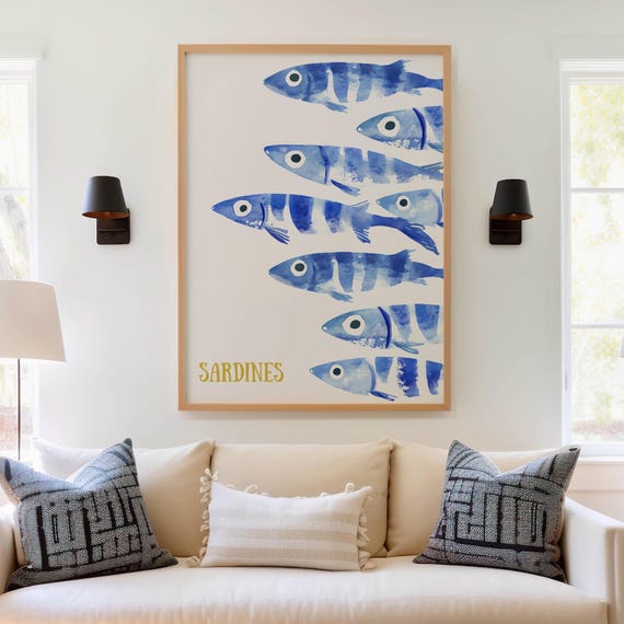 Sardine Poster, Blue Watercolor Fish Print for Coastal Decor - Nautical Beach House Artwork - Mediterranean Food Print, Last Minute Gift