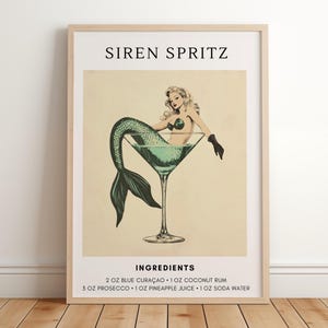 Poster Meerjungfrau-Cocktail | Barwagen Dekor | Strandbar Druck | Retro Cocktail-Rezept | Meerjungfrau im Martini-Glas | Vintage Meerjungfrau Kunstdruck