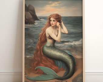 ヴィンテージマーメイドデジタルウォールアート | ビクトリア朝の海のファンタジープリント | 海岸沿いの装飾 | 神話の海の女神マーメイド絵画 | ボヘミアンシックギフト