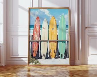 Retro Surfboard Wall Art - Coastal Beach Print - Vintage Ocean Decor - Tropical Surf Shack Digital Download - Vibrant Surfboard Art