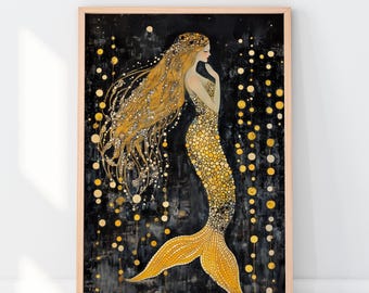 Stampa artistica da parete con sirena - Arte vintage con sirena - Elegante decorazione a tema oceano - Arredamento costiero nero e oro per la casa