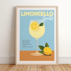 Limoncello Spritz-kunstafdruk | Decoratie barwagen | Receptposter limoncello spritz | Retro Italiaanse cocktailprint | Trendy afdrukbare muurkunst