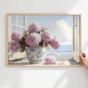 Pink Hydrangea Wall Art Printable, Coastal Floral Digital Painting, Pink Beach Flowers, Ocean Decor for Beach House, Beach Art Horizontal