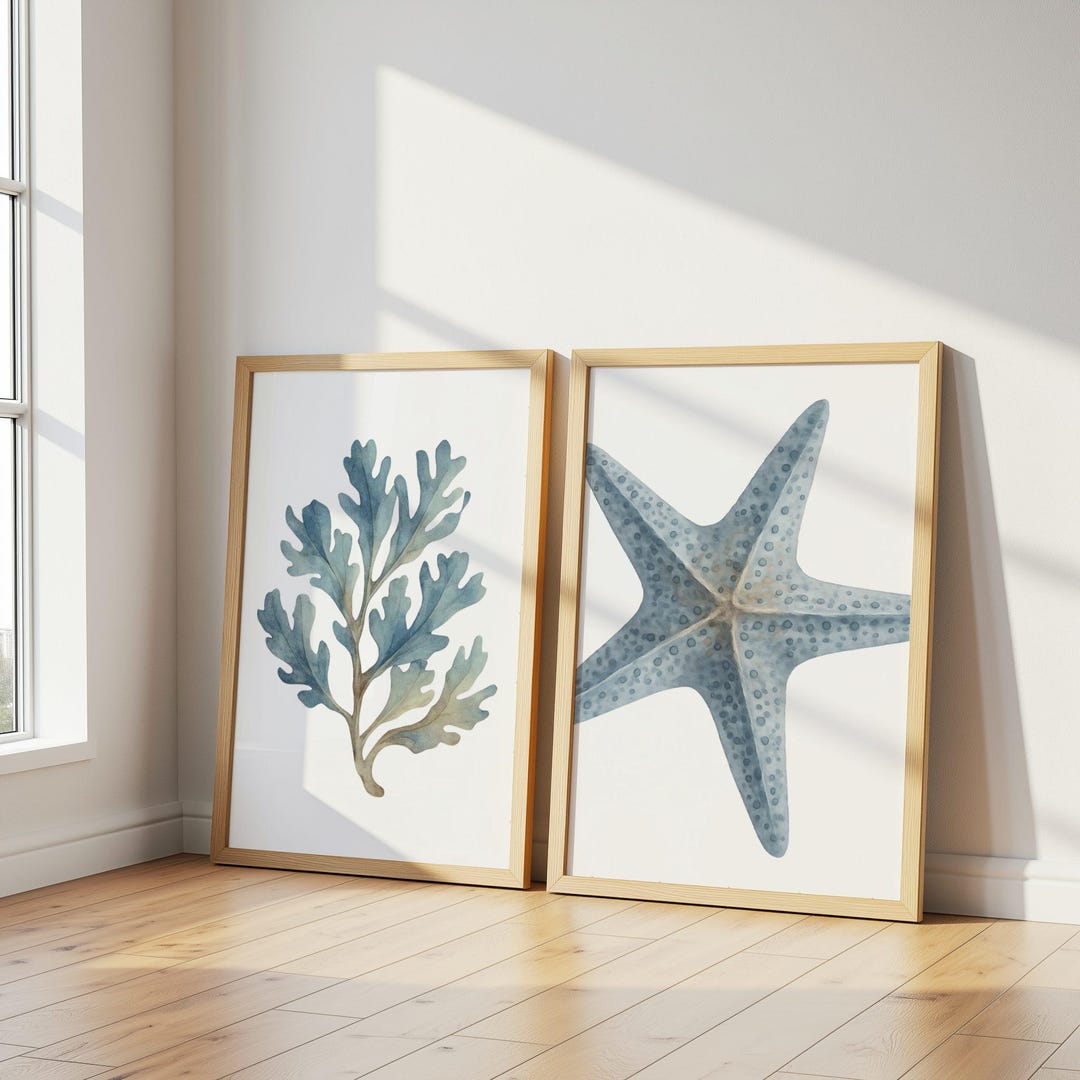 Seaweed & Starfish Watercolor Print Set of 2 - Blue Coastal Bathroom ...