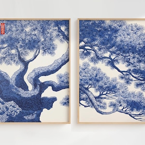 Japansk tallträdstryck duo - Blå Japandi tallkonsttryck - Zen väggdekoration