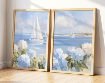 Set of 2 Pastel Coastal Wall Art / Blue Hydrangeas & Sailboats Painting / Summer Ocean Print / Beach House Decor / Coastal Bathroom Prints