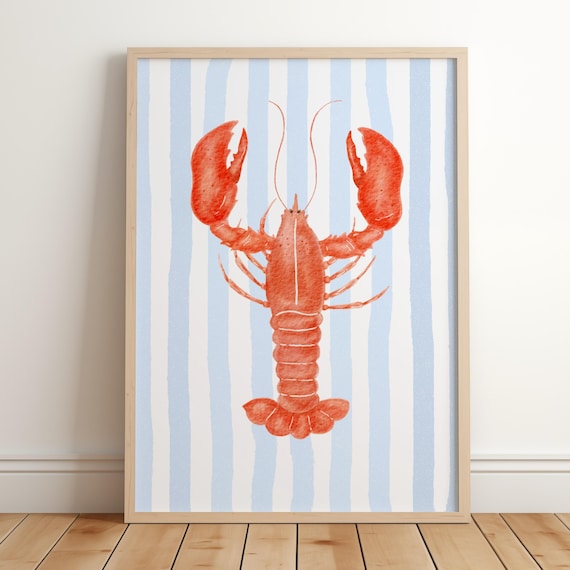 Lobster Print: Blue Stripes, Coastal Kitchen Art (Digital Download)