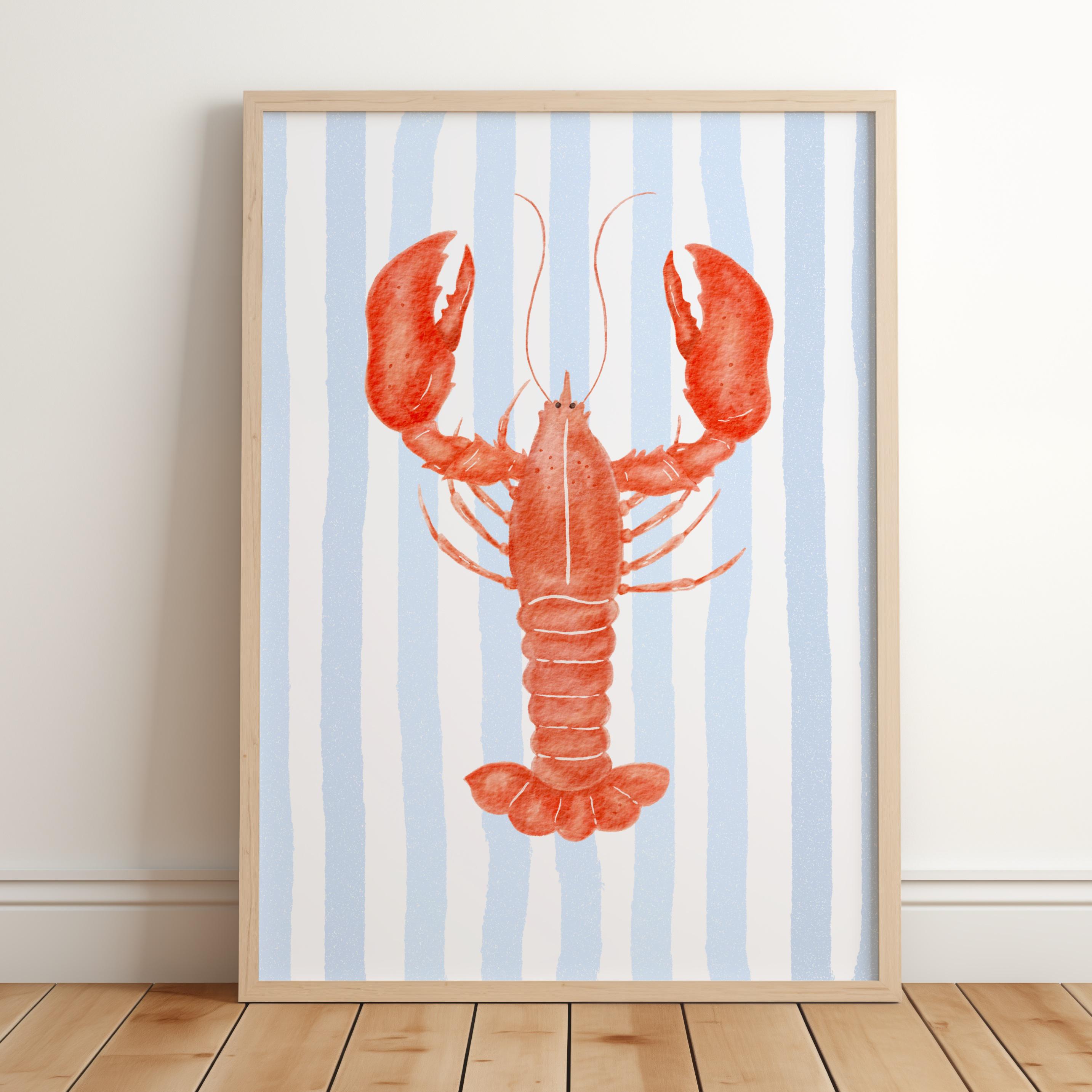 Lobster Print with Blue Stripes - Beach House Decor - Coastal Kitchen Art - Printable Wall Art - Nautical Poster - Fisherman Aesthetic