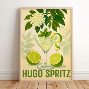 Hugo Spritz Art Print | Bar Cart Decor | Retro Italian Cocktail Print | Elderflower Lime Kitchen Bar Decor | Trendy Printable Wall Art