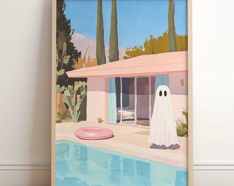 Summerween Ghost Poolside Print: Retro Mid-Century Halloween (Digital Download), Cute Summer Ghost by Pool