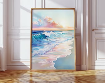 Pink Coastal Watercolor Art | Colorful Ocean Sunset Painting | Pastel Beach House Impressionist Printable | Vibrant Sea Digital Download