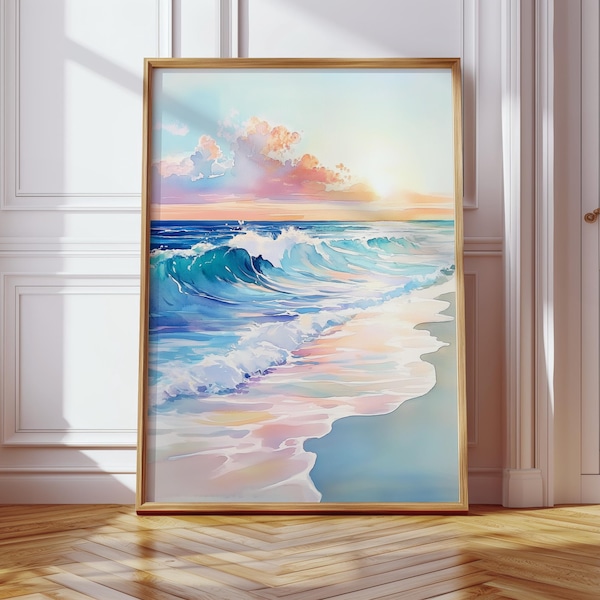 Pink Coastal Watercolor Art | Colorful Ocean Sunset Painting | Pastel Beach House Impressionist Printable | Vibrant Sea Digital Download
