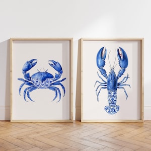 Chinoiserie Wall Art - Blue Crab & Lobster Prints Set of 2 - Toile de Jouy Painting - Trendy Coastal Home Decor - Fisherman Aesthetic Prints