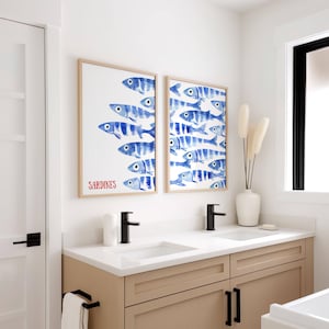 Sardines Print Set - Blue Watercolor Fish Print - Sardine Poster - Beach House Nautical Decor - Coastal Wall Art, Retro Mediterranean Poster, coastal wall art
nautical decor
beach house art
watercolor fish
ocean wall art
nautical print
beach decor
coastal decor
fish illustration
seaside art
sardines print
sardines set of 2
retro fish poster
mid century modern