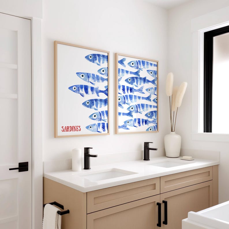 Sardines Print Set - Blue Watercolor Fish Print - Sardine Poster - Beach House Nautical Decor - Coastal Wall Art, Retro Mediterranean Poster, coastal wall art
nautical decor
beach house art
watercolor fish
ocean wall art
nautical print
beach decor
coastal decor
fish illustration
seaside art
sardines print
sardines set of 2
retro fish poster
mid century modern