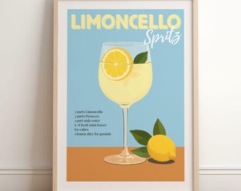 Limoncello Spritz Poster | Cocktail Poster | Bar Cart Decor | Limoncello Spritz Recipe Poster | Retro Italian Cocktail Print