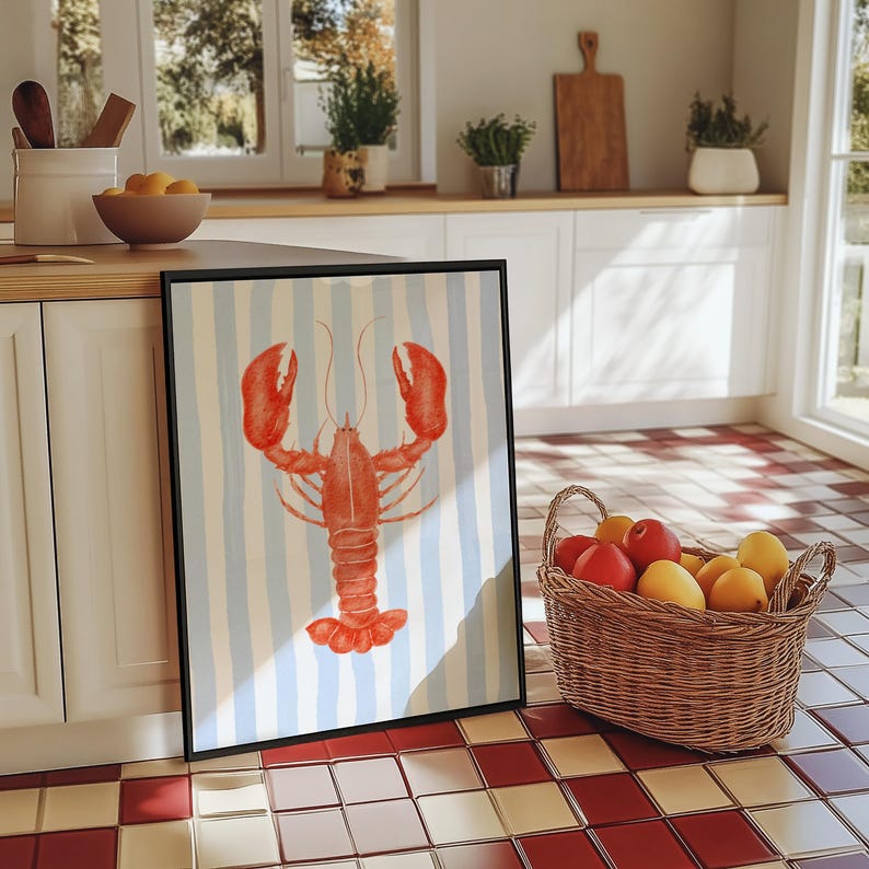 Lobster Print with Blue Stripes - Beach House Decor - Coastal Kitchen Art - Printable Wall Art - Nautical Poster - Fisherman Aesthetic retro wall art
coastal wall decor
beach vibe print
summer digital art
playful wall decor
minimalist beach art
retro summer decor
printable wall art
striped preppy art
querky dormroom
red lobster poster
beachy print lobster
fisherman aesthetic