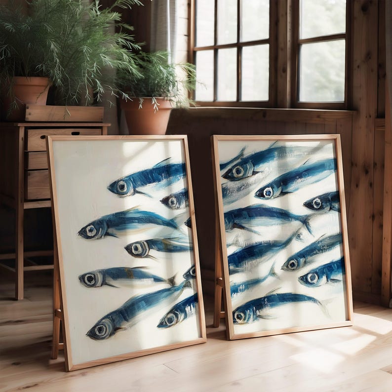 Sardines Print Set - Blue Fish Painting Duo - Sardine Poster - Beach House Nautical Decor - Coastal Wall Art - Retro Mediterranean Poster coastal wall art
nautical decor
beach house art
watercolor fish
ocean wall art
beach decor
coastal decor
fish illustration
sardines print
sardines set of 2
retro fish poster
mid century modern
fisherman aesthetic