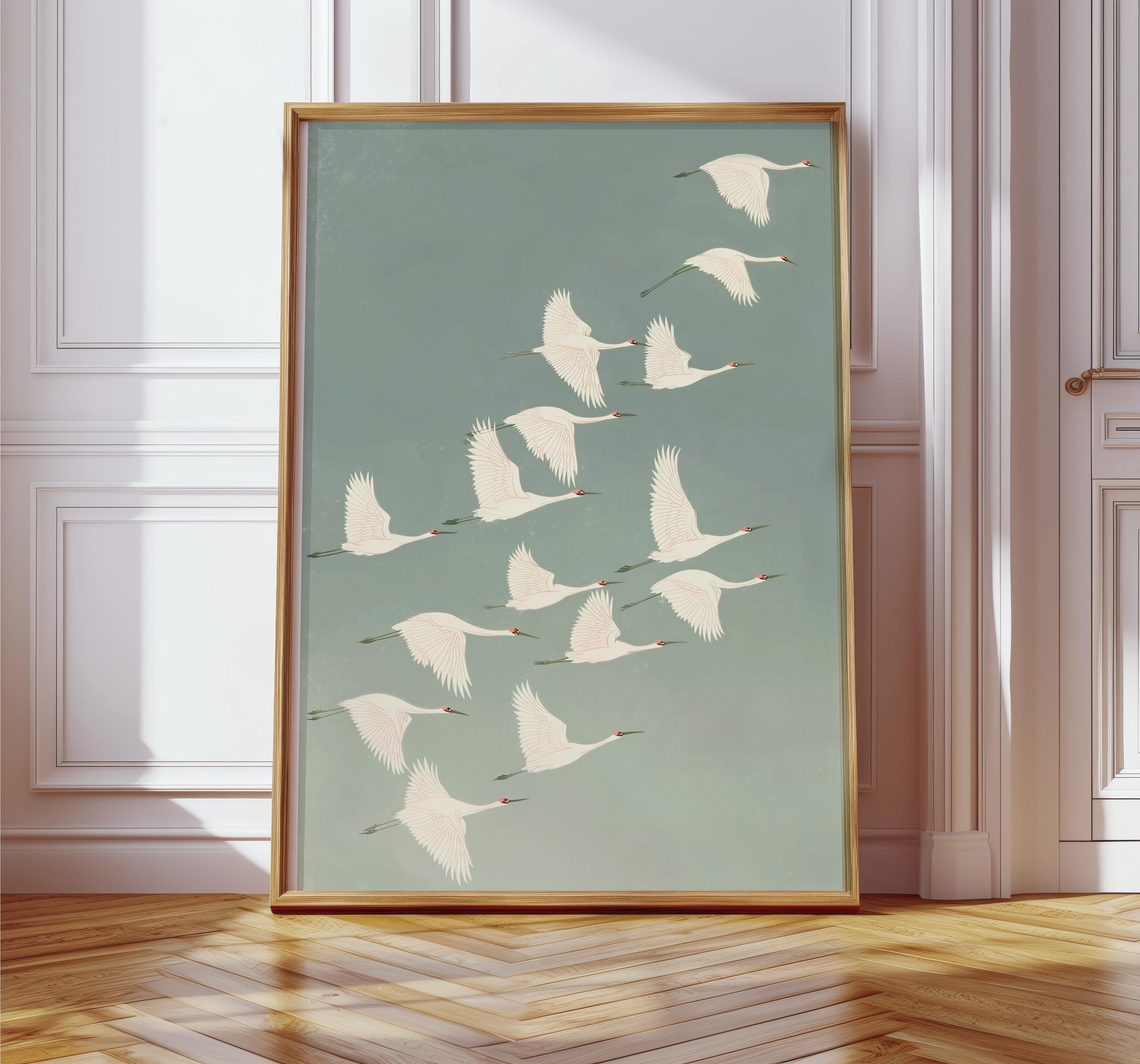Flying Cranes Print - Japanese Sage Green Wall Art - Minimal