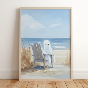 Summerween Decor, Ghost Beach Print, Summer Halloween Wall Art, Cute Ghost Ocean Digital Painting, Trendy Halloween Gift, Spooky Coastal
