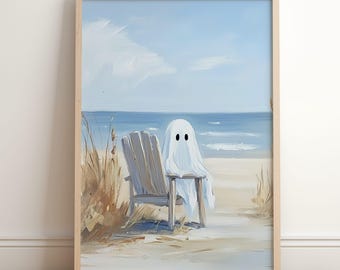 Summerween Ghost Beach Print: Spooky Coastal Halloween Art (Digital Download