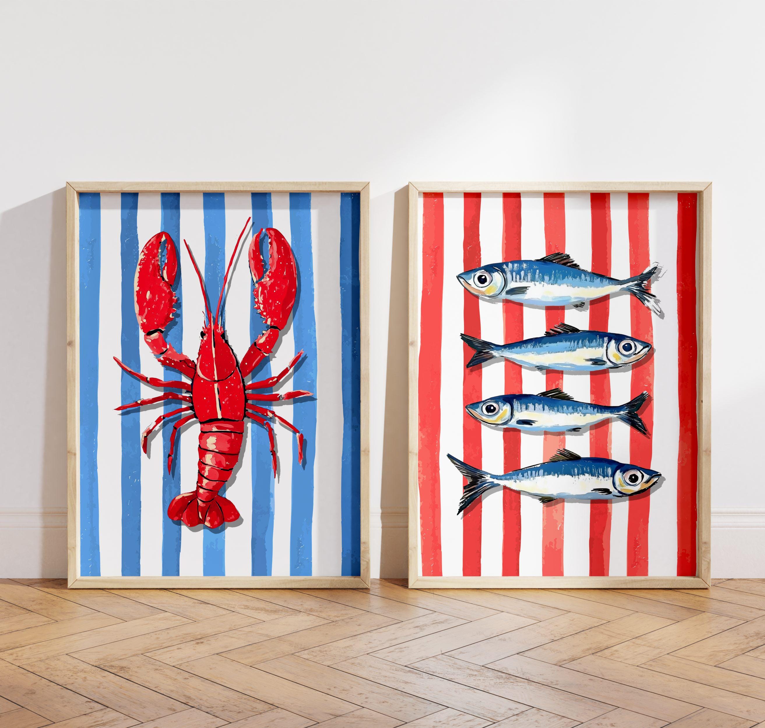 Lobster & Sardines Coastal Kitchen Wall Art Set – Fisherman