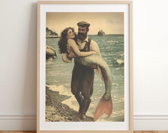 Póster de sirena y pescador - Arte mural vintage de sirena - Estética de pescador - Decoración costera náutica - Impresión retro - Impresión original para baño