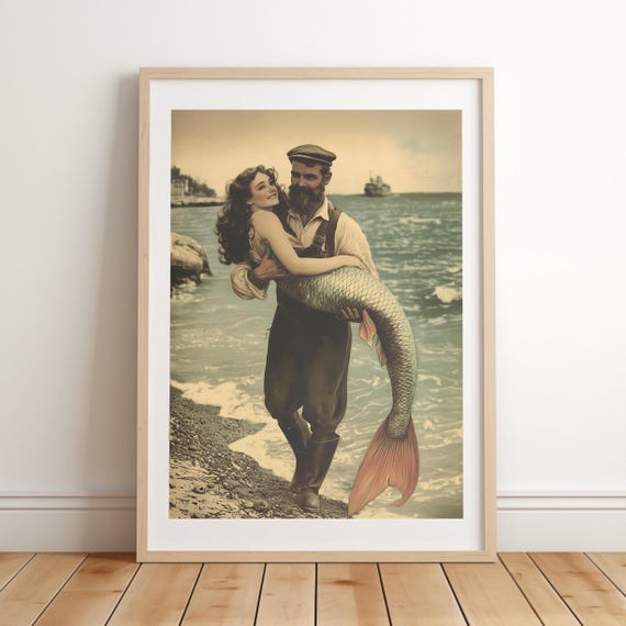 Mermaid and Fisherman Poster - Vintage Mermaid Wall Art - Fisherman Aesthetic - Nautical Coastal Decor - Retro Print - Quirky Bathroom Print