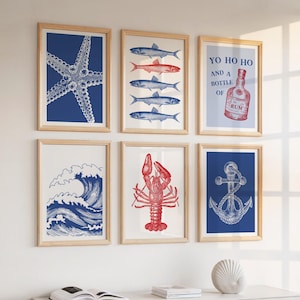 Nautisches Wandkunst-Set von 6 - Fischer Ästhetische Drucke - Hummer, Sardinen, Fisch, Seestern - Marine Drucke, Blau & Rot Küstengalerie Wand
