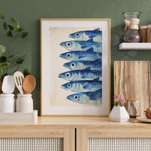 Sardines Print - Sardine Tin Vintage Poster - Retro Sardine Wall Art - Blue Fish Print - Colorful Kitchen Art Maximalist Mediterranean Print  tin fish print
sardine poster
sardines print
vintage food print
colorful kitchen art
diningroom art print
maximalist print
eclectic print
fisherman aesthetic
mediterranean bistro
nautical seafood
blue coastal print
retro fish poster