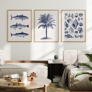 Set di quadri a tema costiero - Stampe vintage blu dell'oceano per il bagno - Trio di poster nautici - Quadri da parete in tre pezzi