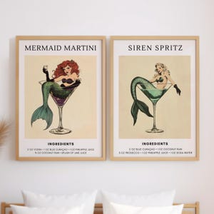 Vintage Meerjungfrau Cocktail Prints: Retro Bar Kunst, 2er Set (Digitaler Download)