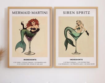 Láminas vintage de cócteles de sirena: Arte retro de bar, juego de 2 (descarga digital)
