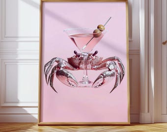 Pink Crab Martini Maximalist Art, Dirty Martini Küstendruck, Esszimmer mit Meeresfrüchten, Preppy Studentenwohnheim, Krabbencocktail Druck, Nautische Bar Kunst