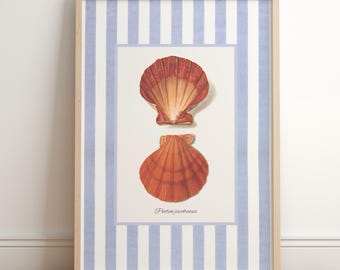 Sea Shell on Blue Stripes Print - Grandmillenial Coastal Wall Art - Striped Shell Art Poster - Nautical Beach House Decor