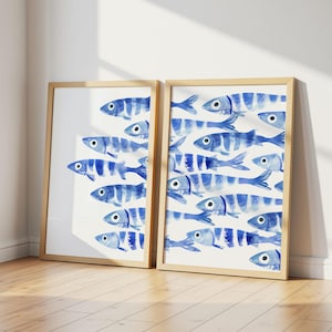 Sardines print set - blauwe aquarel vis print - sardines poster - strandhuis nautisch decor - kustmuurkunst, retro mediterrane poster